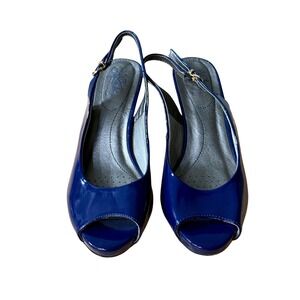 LifeStride Soft Royal Blue Patent Peep Toe Slingback Heels Pumps Women's 9.5